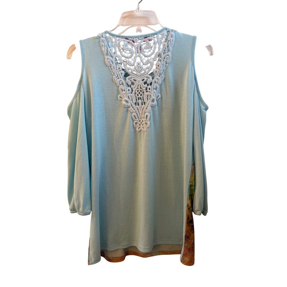 Leoma Lovegrove Womens Blue Cold Shoulder Bicycle Floral Lace Back Top Small NWT - Picture 2 of 12